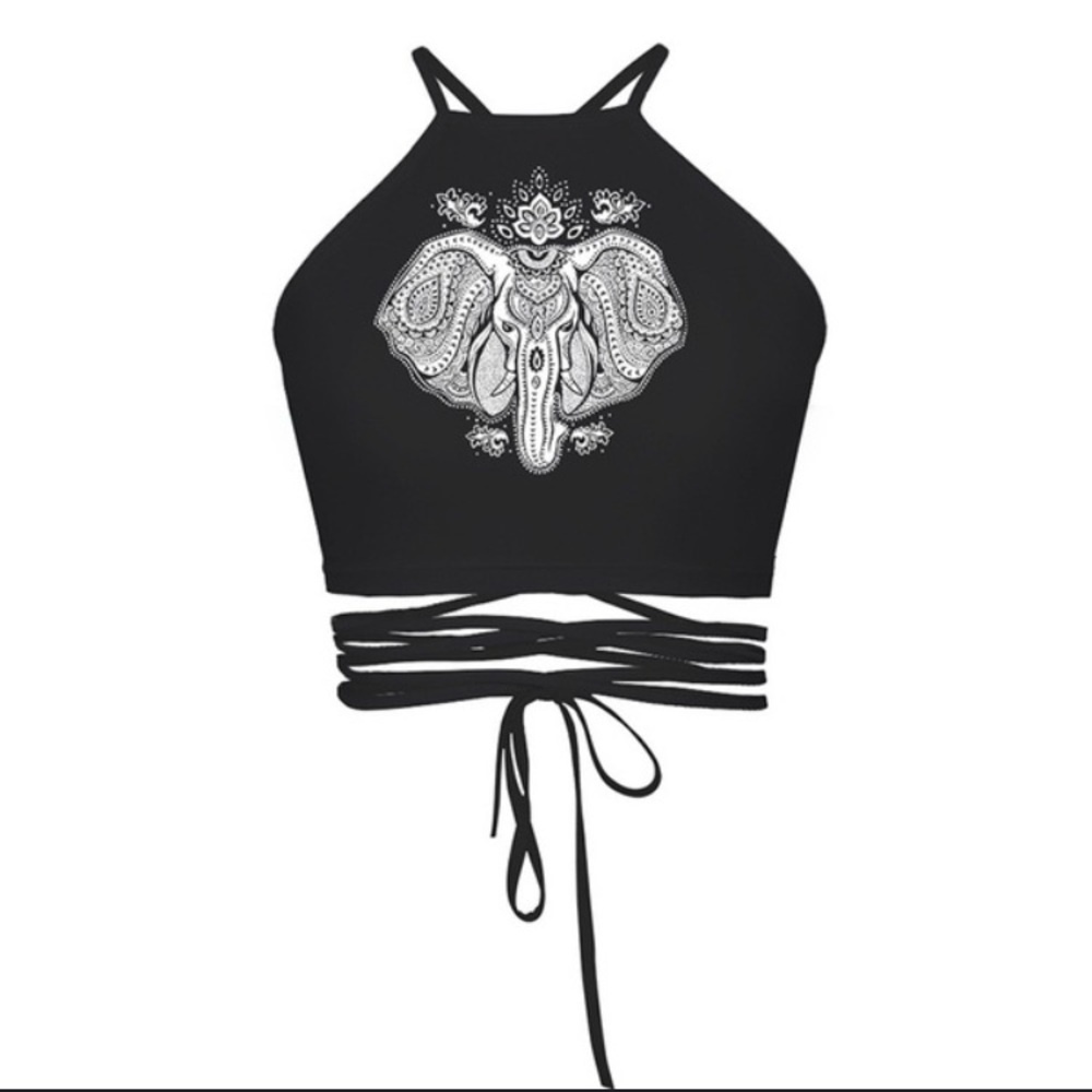Black and White Elephant Lace Up Crop Top Size Small
